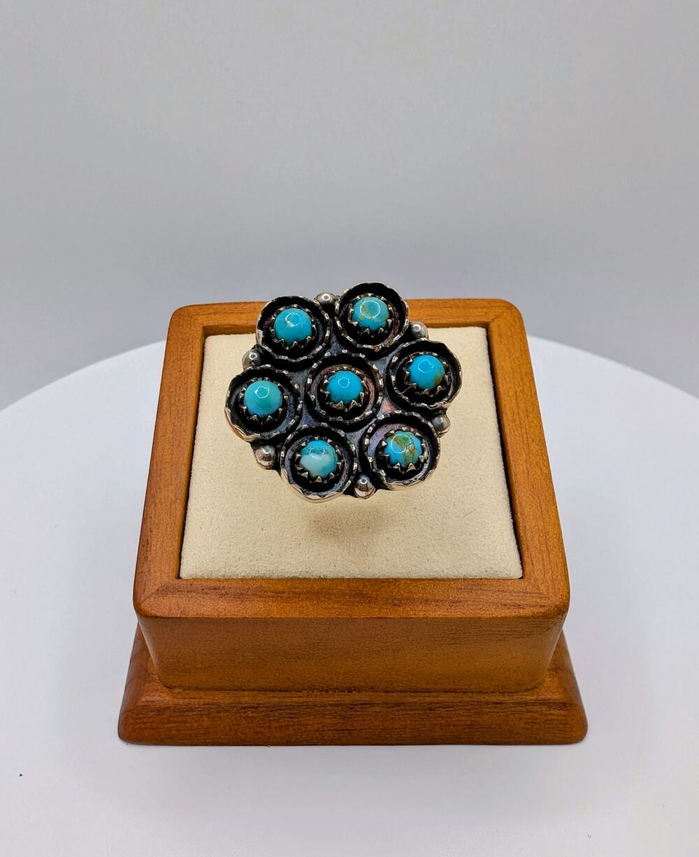 Southwest Turquoise Cluster Ring in Sterling Silver Adjustable & Solid Back